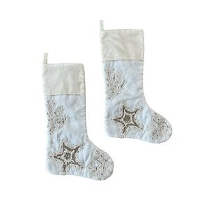 Set of 2 Lg Cream White Beach Nautical Christmas Stockings Coral Starfish Beaded